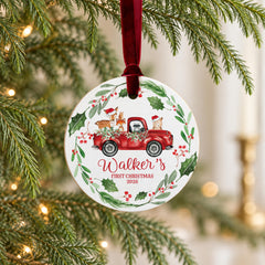 Baby First Christmas Ornament, Personalized Wood 3.5In Round Deer