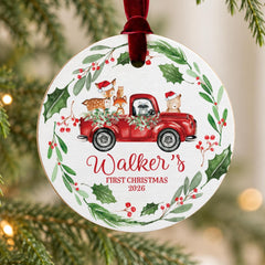 Baby First Christmas Ornament, Personalized Wood 3.5In Round Deer