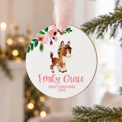 Baby First Christmas Ornament, Personalized Floral Horse, 3.5-Inch