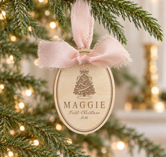Baby First Christmas Ornament' Engraved Wood Bow, 3×4 In Keepsake