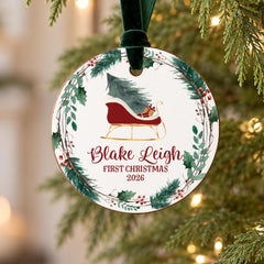Baby First Christmas Ornament, 3.5in Wooden Personalized Keepsake