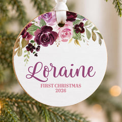 Baby First Christmas Ornament, 3.5in Wood Floral Personal Keepsake
