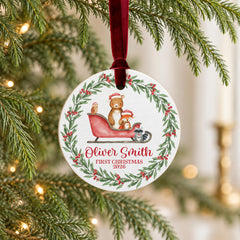 Personalized Baby Ornament, Woodland First Christmas 3.5in Wooden