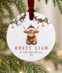 Baby First Christmas Ornament, Personalized Wood Cow, Round 3.5in