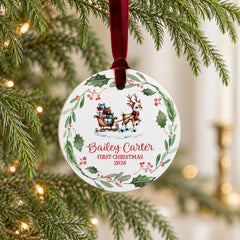 Personalized Baby First Christmas Ornament, 3.5in Wooden Reindeer