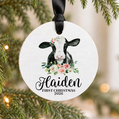 Personalized Baby Ornament, 3.5in Wood Farm Cow Tractor, Name Yr.