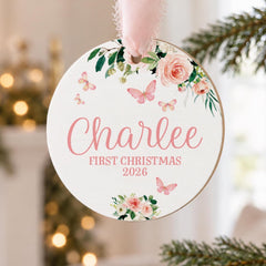Baby First Christmas Ornament, Personalized Wooden Butterfly 3.5