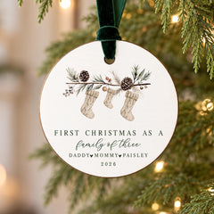 First Christmas Family Ornament, Personalized 3.5-Inch Wood Round