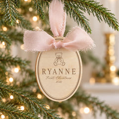 Baby First Christmas Ornament, Engraved Wood Teddy, 3x4 Keepsake.