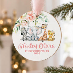 Personalized Baby Ornament Safari 3.5in Wood First Christmas Mini