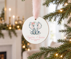 Baby First Christmas Ornament, Personalized Elephant Wood 3.5 in.