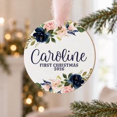 personalized baby ornament, Pink Navy Floral 3.5in Wood Keepsake.