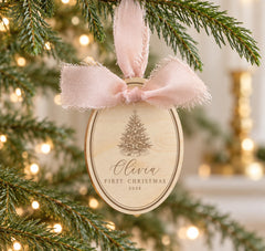 Baby First Christmas Ornament, Personalized Wood Engraved 3x4 In.