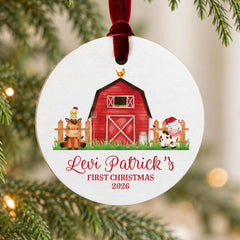 Baby First Christmas Ornament, Personalized 3.5In Wood Cow Round.