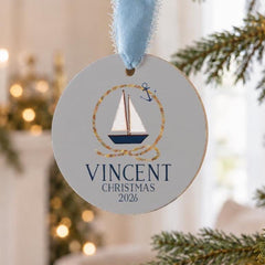 Personalized Nautical Baby Ornament, Wood 3.5in Sailboat Keepsake.