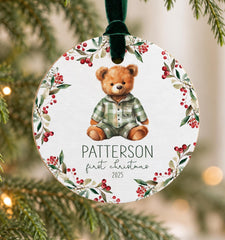 Baby First Christmas Ornament, Personalized 3.5in Wood Teddy Bear