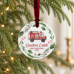 Personalized Firetruck Ornament' 3.5In Wood Baby First Christmas.