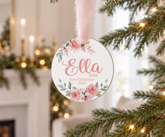 Baby First Christmas Ornament, Pink Floral Wood 3.5in Custom Year