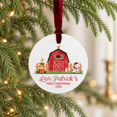 Baby First Christmas Ornament, Personalized 3.5In Wood Cow Round.