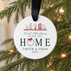 Personalized New Home Ornament, 3.5in Wood Round Keepsake, Family Name