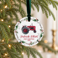Personalized Baby Ornament, 3.5 in Wooden Tractor First Christmas