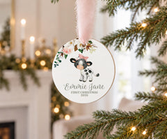 Personalized Baby Ornament, 3.5in, Round Wood Cow First Christmas