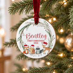 Baby First Christmas Ornament, Woodland Animal 3.5in Personalized
