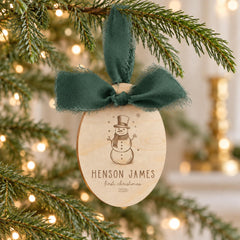 Baby First Christmas Ornament, Snowman Engraved Wood Name, 3x4 In