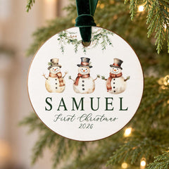 Personalized Baby Ornament, Snowman 3.5 Inch Wood First Christmas
