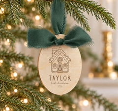 Baby First Christmas Ornament, Personalized Wood Gingerbread, 3x4