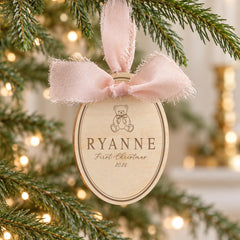 Baby First Christmas Ornament, Personalized Engraved Wooden Teddy