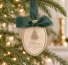 Baby First Christmas Ornament, Personalized Wood Engraved 3x4 In.