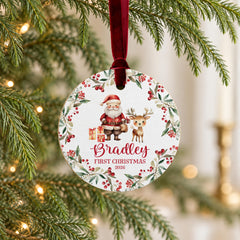 Baby First Christmas Ornament, Personalized Wood 3.5in Round Mini