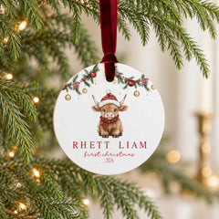 Baby First Christmas Ornament, Personalized Wood Cow, Round 3.5in