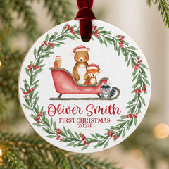 Personalized Baby Ornament, Woodland First Christmas 3.5in Wooden