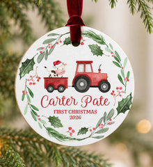 Personalized Baby Christmas Ornament, Farm 3.5in Wood Tractor Cow.