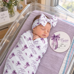 Bow Personalized Swaddle Blanket,  Newborn Coming Home Outfit Photo Props, Baby Announcement Sign JS28