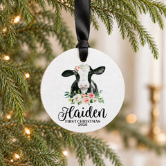 Personalized Baby Ornament, 3.5in Wood Farm Cow Tractor, Name Yr.