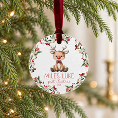 Baby First Christmas Ornament', Personalized Wooden 3.5in Rudolph