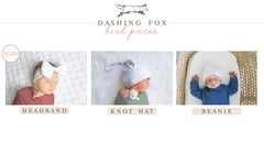 The image is a collage of three photos depicting different headband and hat styles for babies, labeled as 'Headband', 'Knotted Hat', and 'Beanie'.