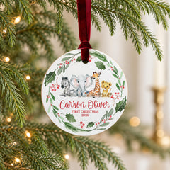 Personalized Baby Ornament Safari First Xmas, 3.5" Round Keepsake
