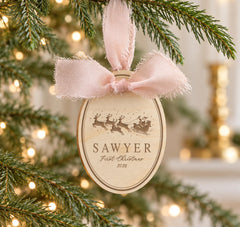 Baby First Christmas Ornament, Personalized Engraved Wood 3x4 Now