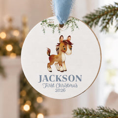 Personalized Horse Baby Ornament, 3.5in Wood Round First Christmas