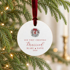 First Christmas Married Ornament, Personalized Wood 3.5in. Round.