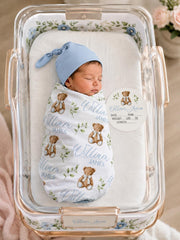 Personalized Teddy Bear Swaddle Blanket, Optional Bundle, Newborn Coming Home Outfit JS80