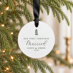 Personalized Married Christmas Ornament, 3.5in Wood Round Keepsake