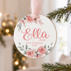 Baby First Christmas Ornament, Pink Floral Wood 3.5in Custom Year