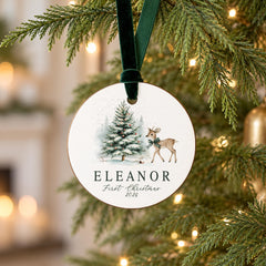 Personalized Baby Ornament, 3.5in Wood Deer First Christmas Token