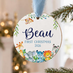 Personalized Baby Ornament, Safari Wood 3.5in Round Name Keepsake
