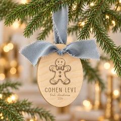 Personalized Baby Ornament, Gingerbread Wood, First Christmas 3x4